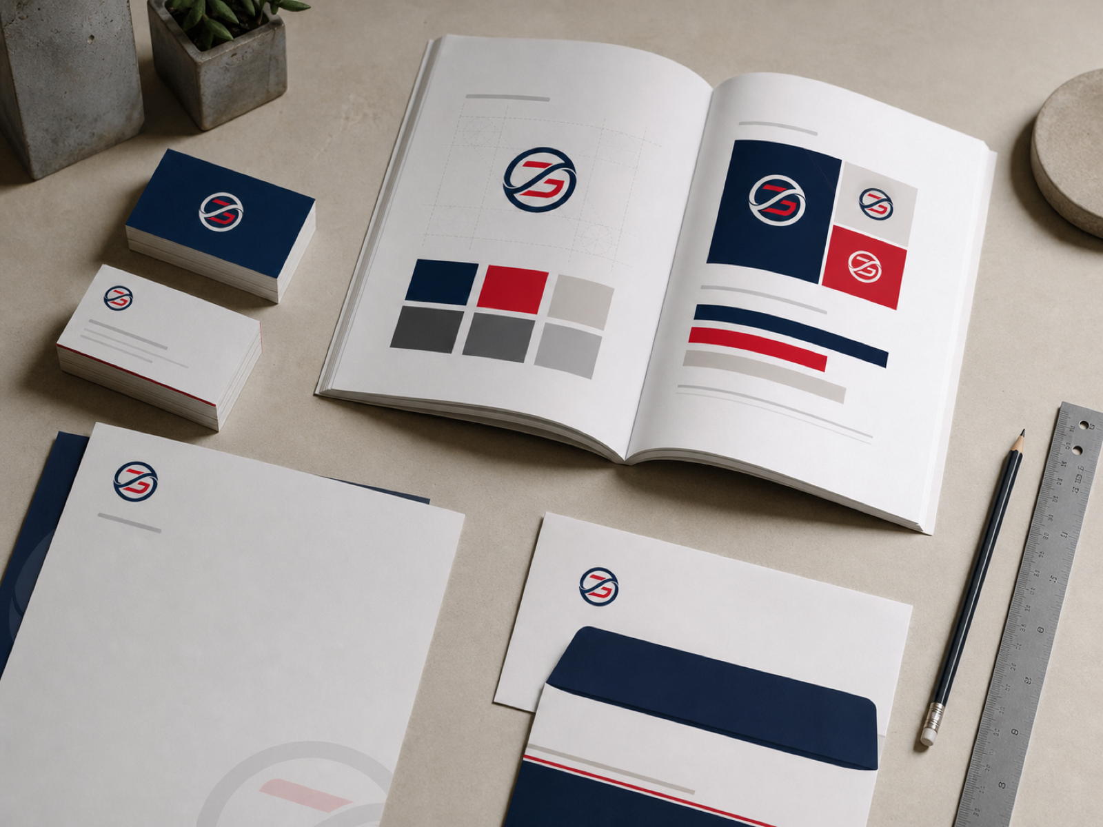Mockup fotográfico de identidad corporativa aplicada en papelería